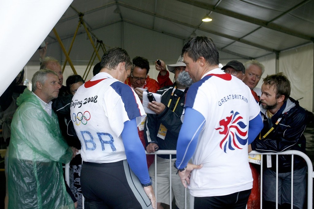 Qingdao Olympic Regatta 2008. Percy and Simpson (GBR)  talk to the press after claiming gold in the medal race. photo copyright Guy Nowell http://www.guynowell.com taken at  and featuring the  class