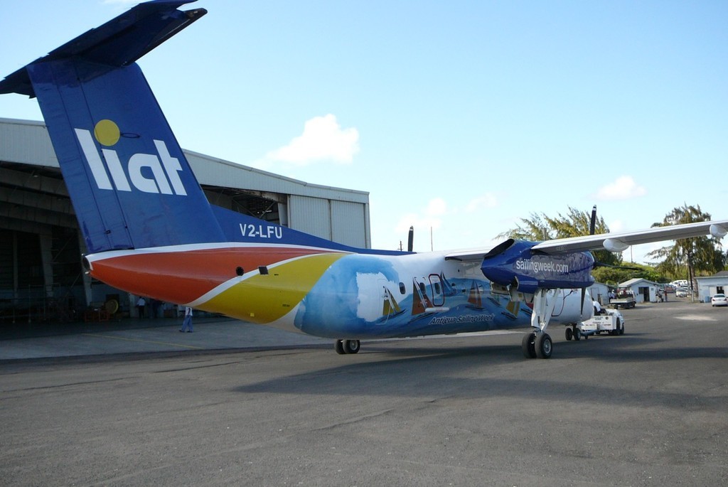 LIAT Unveils Aircraft Inspired by Sailing Week In a novel approach to its sponsorship of Stanford Antigua Sailing Week,the Caribbeean airline LIAT has branded one of its aircraft with the eye-catching Sailing Week graphic. The new plane also represents a unique marketing initiative from LIAT, with 40% discount fare on LIAT travel for sailors and spectators coming to Antigua for Sailing Week. photo copyright Herb McCormick herb@herbmccormick.com taken at  and featuring the  class