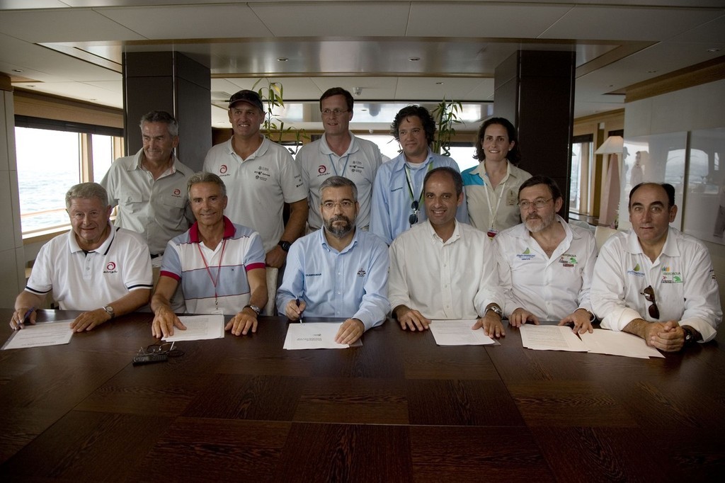 Associates of CNEV pose for the signing of the 33rd America’s Cup Protocol aboard Ernesto Bertarelli’s yacht Vava. photo copyright ACM 2007/Photo: Vicent Bosch taken at  and featuring the  class