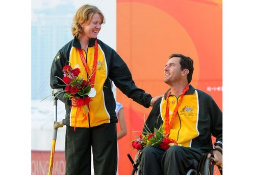 Rachel Cox and Daniel Fitzgibbon of Australia accept their silver medal in the SKUD18 event<br />
 - 2008 Paralympics - Qingdao © Sailing2008.com