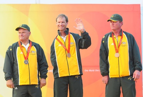 Grame Martin (L), Colin Harrison and Russel Boaden (R) of Australia accept their bronze medal in the Sonar event - 2008 Paralympics - Qingdao © Sailing2008.com