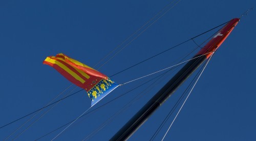 The Valencia flag flies from Alinghi 5 in Valencia © Alinghi Team www.alinghi.com