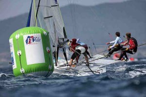 It&rsquo;s Action Central in the 49er class at Hyeres, with 1,000 competitors competing in 11 classes. photo copyright Gilles Martin-Raget http://www.martin-raget.com/ taken at  and featuring the  class