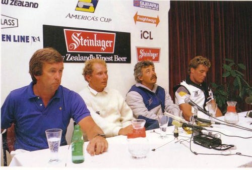 A character forming time as (from left) Michael Fay, Chris Dickson, Brad Butterworth and Erle Williams face the media after Race Four of the 1987 Louis Vuitton Cup  where the Kiwis were down 3-1, with one race potentially left in the regatta. © Bruce Jarvis