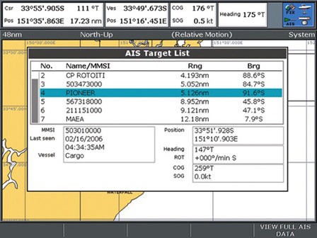 AIS vessel identification data on screen © Oceantalk www.oceantalk.com.au