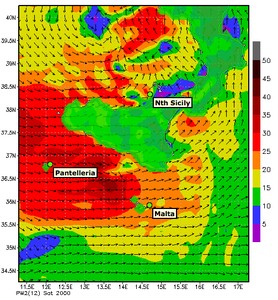 PredictWind Wind Map 17th Oct Showing Winds Increasing at 2000hrs - Rolex Middle Sea Race photo copyright PredictWind.com www.predictwind.com taken at  and featuring the  class