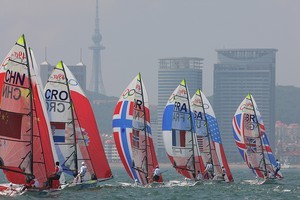 Stevie Morrison and Ben Rhodes leading the 49er class - 2008 Olympics Qingdao photo copyright Ingrid Abery http://www.ingridabery.com taken at  and featuring the  class