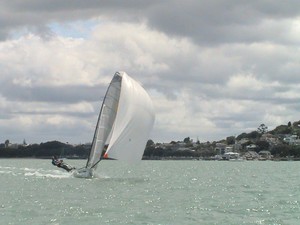 ``Hang On`` Nice Action Too charge downwind in heat 8, big rig in 17knots - 12ft Skiff Interdominion Selection Trials photo copyright Eddie Markey taken at  and featuring the  class