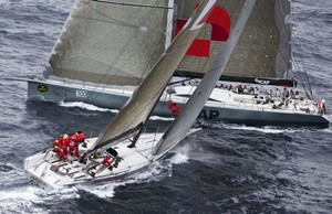Second and third placed yachts, ICAP Leopard (GBR)(stbd) crosses Wild Oats (AUS) in the 2009 Roelx Sydney Hobart race photo copyright  Rolex/Daniel Forster http://www.regattanews.com taken at  and featuring the  class
