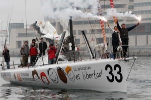 Servane & Albert on the bow arriving in to the port of Barcelona ©Joan Roca - Barcelona World Race photo copyright Barcelona World Race http://www.barcelonaworldrace.org taken at  and featuring the  class