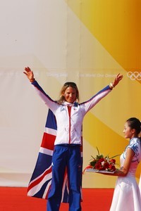 Olympic Games 2008, Bryony Shaw (GBR) celebrates winning the RS:X Bronze medal photo copyright Ingrid Abery http://www.ingridabery.com taken at  and featuring the  class