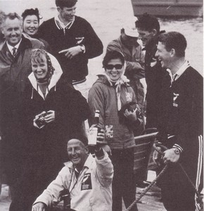 Don St Clair Brown (holding champagne) enjoys one of his finest moments in life, as the 1964 Olympic Manager pictured here after Helmer Pedersen and Earle Wells, had just won Olympic Gold Medals for New Zealand, at the 1964 Olympic Regatta at Sagami Bay, Tokyo, Japan. In the  centre background is Finn reserve, Bret de Thier, and Ralph Roberts to the right (FD reserve), Gold Medal winner, Helmer Pedersen is side on in the right background. photo copyright SW taken at  and featuring the  class