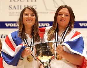 Great Britain's Frances Peters and Claire Lasko celebrate winning the 29er class at the 2008 Volvo Youth Sailing ISAF World Championship. photo copyright onEdition http://www.onEdition.com taken at  and featuring the  class