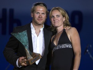 PUMA Ocean Racing&rsquo;s Michi Muller receives the Hans Horrevoets Rookie trophy , presented by Hans wife Petra photo copyright Sally Collison/PUMA Ocean Racing http://www.sallycollison.com taken at  and featuring the  class