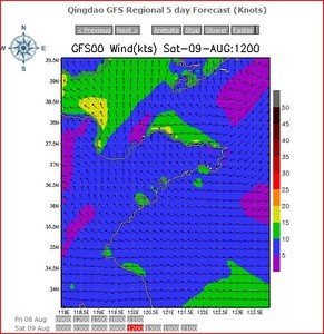 PredictWind graphic of breeze at 1200hrs for the first day of racing in the Olympic regatta. The racing is due to start at 1300hrs with the second about 1430hrs. photo copyright PredictWind.com www.predictwind.com taken at  and featuring the  class