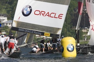 BMW Oracle Racing Team, including Larry Ellison and Russell Coutts, racing against Ceeref, James Spithill (BMW Oracle), winner today of the match racing series in RC 44 Austria Cup on Gmunden (Lake Traunsee, Austria) photo copyright BMW Oracle Racing Photo Gilles Martin-Raget http://www.bmworacleracing.com taken at  and featuring the  class