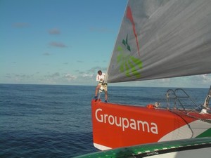 Groupama 3 in the Doldrums before the ama damage photo copyright Groupama - Franck Cammas http://www.cammas-groupama.com taken at  and featuring the  class