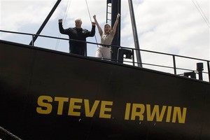 In this photo released by the Sea Shepherd Soceity,  Captain Paul Watson left, and Terri Irwin pose aboard the Steve Irwin ship at a dock in Melbourne, Australia, Wednesday, Dec. 5, 2007. The radical conservation group, the U.S.-based Sea Shepherd Conservation Society, has vowed to disrupt Japan's annual whale hunt launched, its Antarctic campaign Wednesday by renaming one of its ships after ``Crocodile Hunter`` Steve Irwin, the late environmental campaigner. (AP Photo/ Sea Shepherd Conservation S photo copyright SW taken at  and featuring the  class