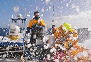 Skipper Bouwe Bekking helming Telefonica Blue, in the Southern Ocean, with sea temperatures on 7 degrees, on leg 5 of the Volvo Ocean Race photo copyright Gabriele Olivo/Telefonica Blue/Volvo Ocean Race http://www.volvooceanrace.org taken at  and featuring the  class