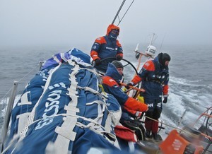 Richard Mason helming in the cold misty conditions, on leg 7 from Boston to Galway
 photo copyright Gustav Morin/Ericsson Racing Team/Volvo Ocean Race http://www.volvooceanrace.org taken at  and featuring the  class