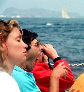 Aboard the media boat, the America’s Cup 88 was known as the ``Coma off Pt Loma`` for obvious reasons. (The person in the red jacket is also asleep.) photo copyright Rich Roberts http://www.UnderTheSunPhotos.com taken at  and featuring the  class