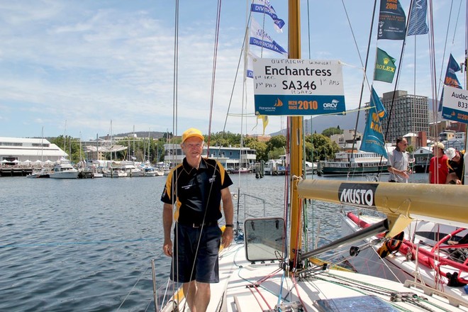 All tied up at the Elizabeth Street Pier, John is aboard the vessel he designed and built. - Melbourne to Hobart (John Muirhead and the crew of Enchantress who are the SA outright winners of Melb to Hobart West ) ©  John Curnow