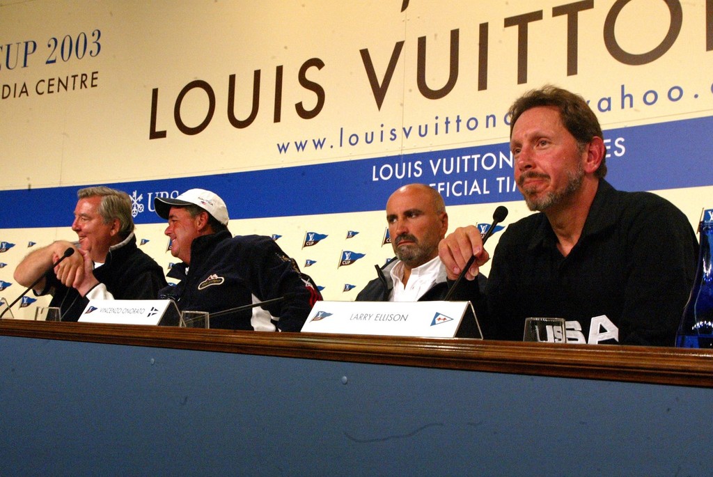 Larry Ellison (BMW Oracle Racing) addresses the media as Dennis Conner (Stars & Stips) and Peter Harrison (GBR) shake hands. photo copyright SW taken at  and featuring the  class