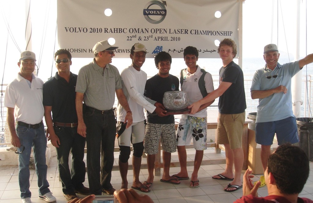 The 4 young winners with Volvo-MHD representatives (left) and RAHBC Commodore Tony van Thiel (right) - VOLVO 2010 RAHBC OMAN OPEN LASER CHAMPIONSHIP © Mark Rhodes