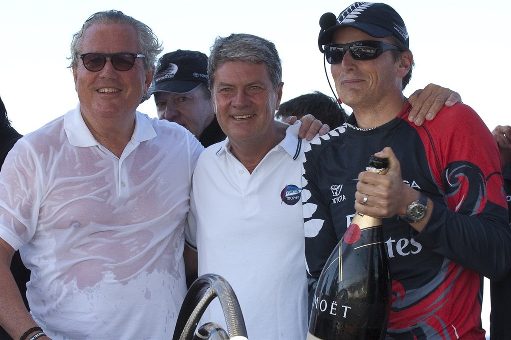 Emirates Team New Zealand helmsman Dean Barker celebrates with Bruno Trouble and Yves Carcelle of Louis Vuitton after the teams 3 - 2 win over Synergy (RUS) in the finals. Louis Vuitton Trophy. La Maddalena, Sardinia, Italy. 6/6/2010 © Chris Cameron/ETNZ http://www.chriscameron.co.nz