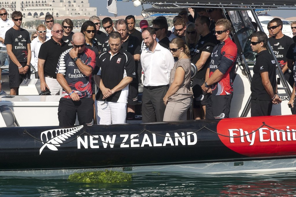 Emirates Team New Zealand and Kiwis from the other competing teams hold a ceremony to comemorate the deaths of the miners killed in the Pike river tragedy. Louis Vuiton Trophy Dubai. 25/11/2010 © Chris Cameron/ETNZ http://www.chriscameron.co.nz
