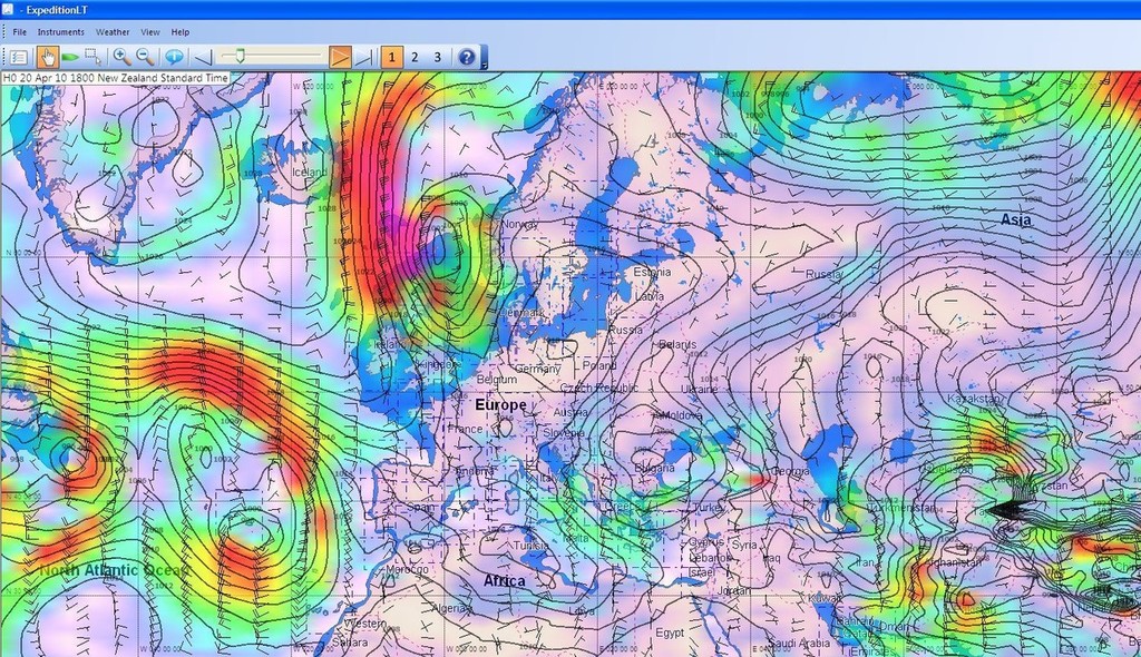Wind image at 0700hrs GMT on 20 April showing 35kt northerly winds blowing down the Icelandic coast towards UK and Europe © PredictWind http://www.predictwind.com