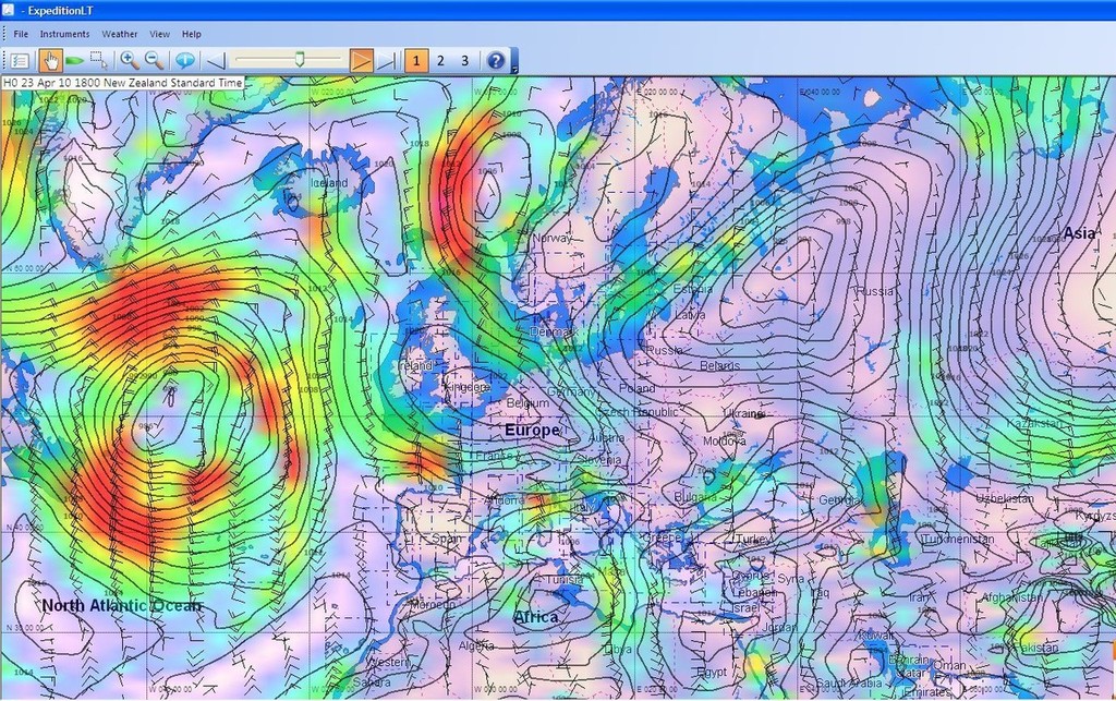Wind image at 0700hrs GMT on 23 April shows winds easing over Europe and the low pressure system advancing from the left from the US coast and North Atlantic © PredictWind http://www.predictwind.com