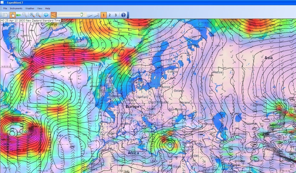 Wind image at 0700hrs GMT on 25 April showing winds swirling around Iceland which are expected to shoot the ash cloud over the Atlantic Ocean away from England and Europe © PredictWind http://www.predictwind.com
