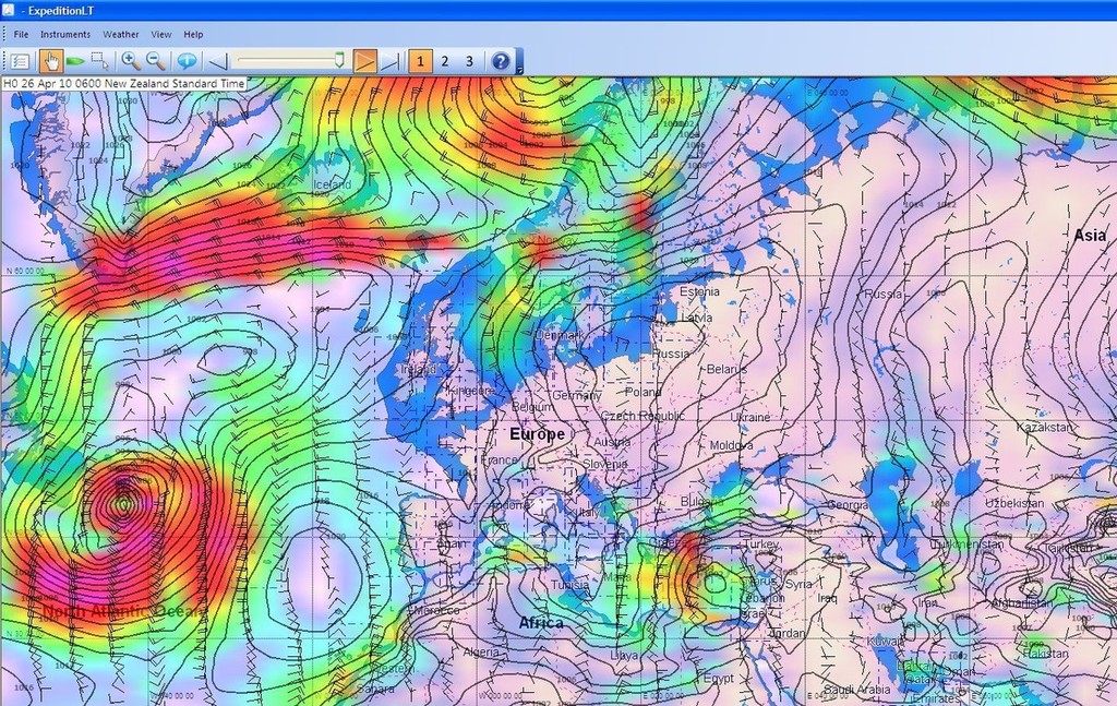 Wind image at 1900hrs GMT on Sunday 25 April showing the strong wind system still in place to the west of Iceland, but with winds lightening to the SE of the volcano. © PredictWind http://www.predictwind.com