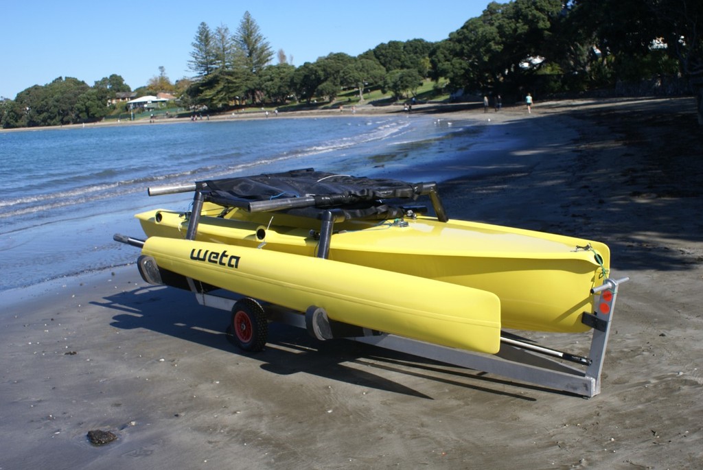 The Weta all folded up and ready to go - she takes up less space than a small car - making garaging simple. Weta Boat test - May 2010 photo copyright SW taken at  and featuring the  class