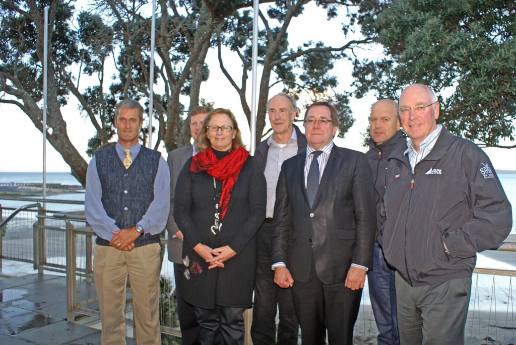 Dr Mark Orams, Mike Stanley, Jan Dawson, Des Brennan, Murray McCully, Jex Fanstone and Sir Stephen Tindall at the NOWSC announcement - 14 June 2010 photo copyright SW taken at  and featuring the  class