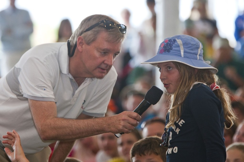 The America&rsquo;s Cup clearly makes a big impression on one young sailor at Newport, during question time, today. photo copyright BMW Oracle Racing Photo Gilles Martin-Raget http://www.bmworacleracing.com taken at  and featuring the  class