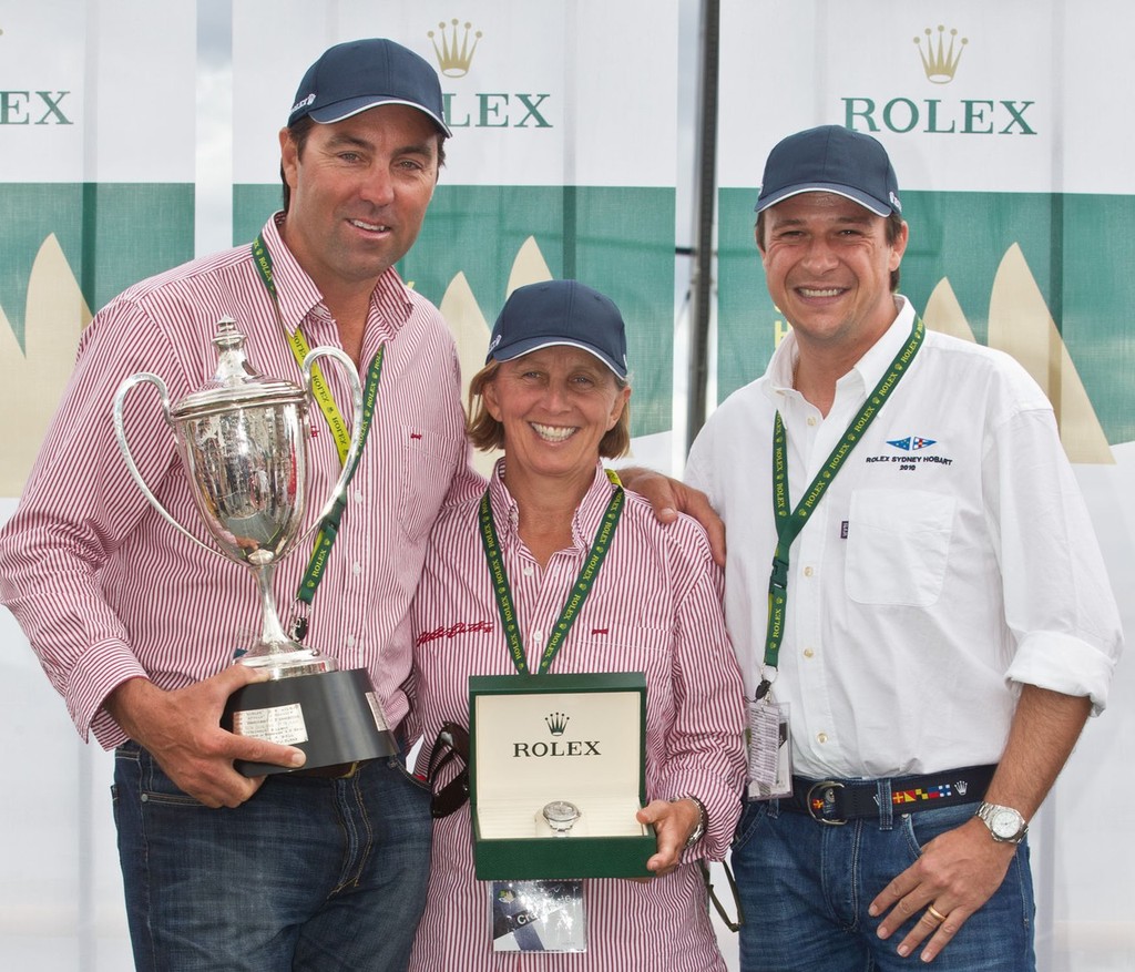 Line Honours Presentation L2R-Mark Richards, skipper of Wild Oats XI, Adrienne Cahalan, co-navigator of Wild Oats, and Patrick Boutellier, Rolex Australia photo copyright  Rolex / Carlo Borlenghi http://www.carloborlenghi.net taken at  and featuring the  class
