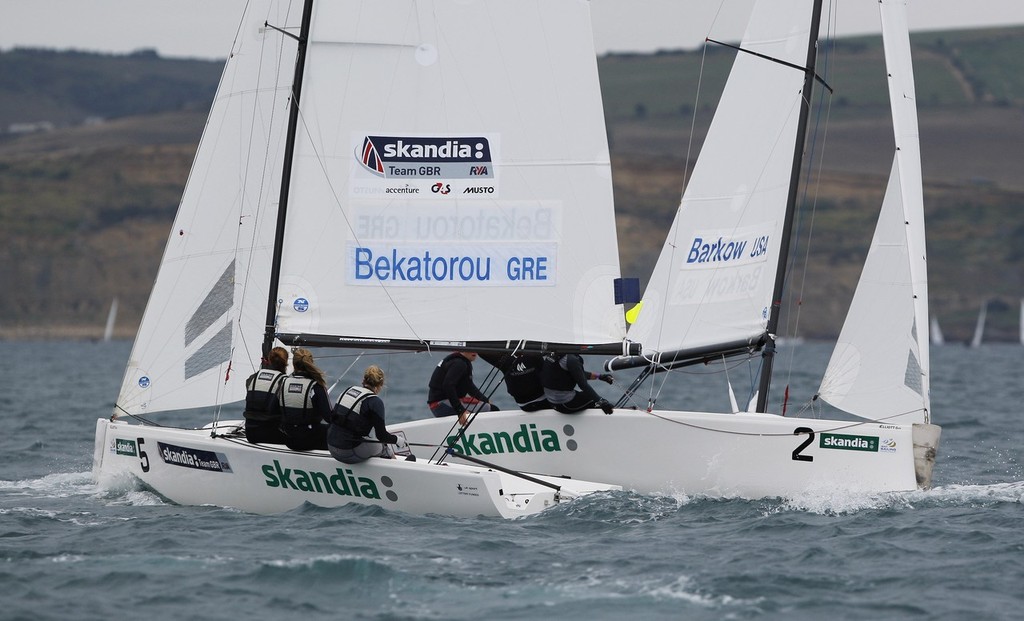 Bektorou (GRE) and Barkow (USA) in action in the Women’s Match class on day 1 of the Skandia Sail for Gold Regatta. © onEdition http://www.onEdition.com