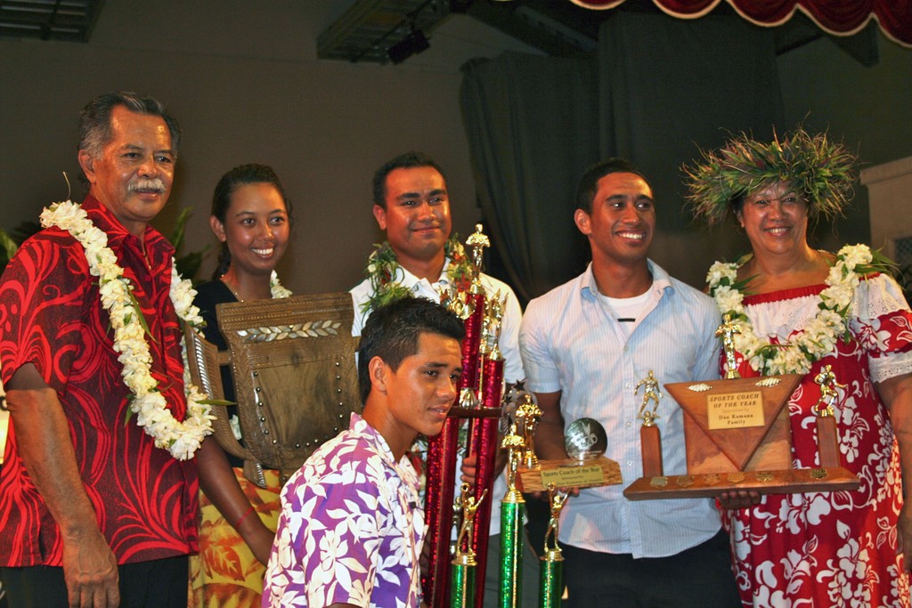 Sports awards Hon.Henry Puna, Prime Minister, Helema Williams -Sportswoman of the Year, Peter Taua Henry -Sportsman of the Year, Junior Chalie - Sports Coach of the Year and Mrs Akaiti Puna. photo copyright Anne Tierney taken at  and featuring the  class