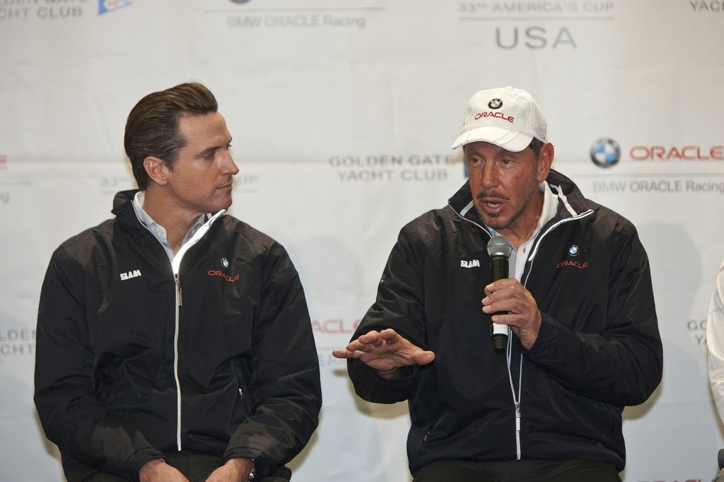San Francisco Mayor Gavin Newsom (left) listening to BMW Oracle team boss Larry Ellison - San Francisco (USA,CA) USA Victory Tour photo copyright BMW Oracle Racing Photo Gilles Martin-Raget http://www.bmworacleracing.com taken at  and featuring the  class