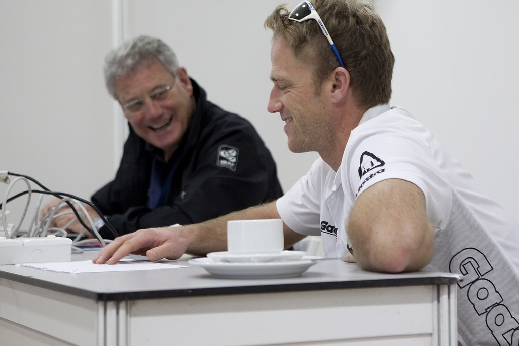 Jesper Radich enjoys chat with sailing commentator Peter (PJ) Montgomery during a break in sailing. Monsoon Cup 2010. World Match Racing Tour, Kuala Terengganu, Malaysia. 3 December 2010. Photo: Subzero Images/WMRT photo copyright Subzero Images /AWMRT http://wmrt.com taken at  and featuring the  class