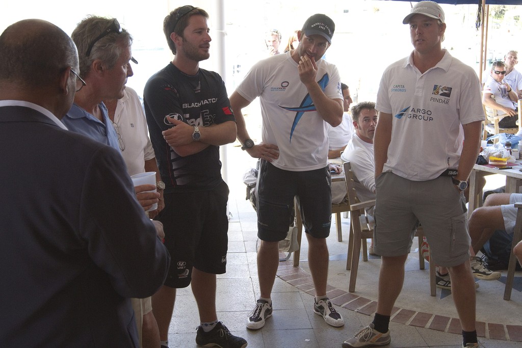 Adam Minoprio, Ben Ainslie, and Ian Williams, at the draw for the proposed sail-off after the repechage of the Argo Group Gold Cup photo copyright Gareth Cooke Subzero Images/Monsoon Cup http://www.monsooncup.com.my taken at  and featuring the  class