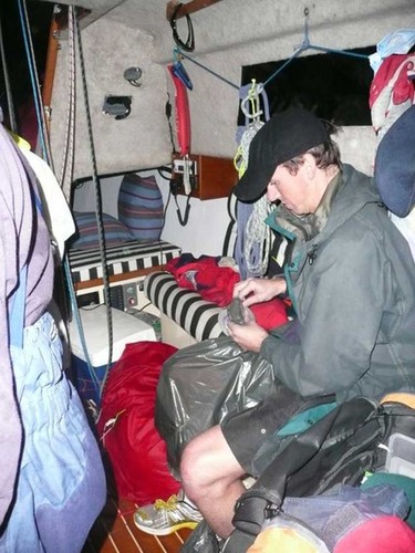 Kelly II novice sailor Simon Hall wasn’t briefed on appropriate wet weather gear for the 2010 Heaven Can Wait -- so kitted himself out in garbage bags taped around his legs with gaffa tape, to provide some warmth and waterproofing to his bare legs so he could continue on deck during the night. - HCW 2010 War stories © HCW Media