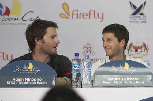Adam Minoprio and Mathieu Richard share a joke at the press conference after their crunch match during qualifying session 3 Monsoon Cup 2010. World Match Racing Tour, Kuala Terengganu, Malaysia. 3 December 2010.  © Gareth Cooke Subzero Images/Monsoon Cup http://www.monsooncup.com.my