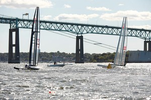 Canaan, left, Fred Eaton and Magnus Clarke, the Canadian defenders, and Alpha, the Australian Challenger, race north of the Pell Bridge in Newport, RI. photo copyright Christophe Launay taken at  and featuring the  class