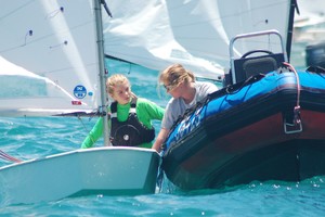 Top Female in New Caledonia, Ava Mannering of Napier Sailing Club, gets advice from coach Briar Dye-Hutchinson between races photo copyright Brian Haybittle taken at  and featuring the  class