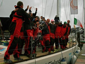 Team Finland Celebrate First Place in Race 12 photo copyright Clipper Ventures PLC . http://www.clipperroundtheworld.com taken at  and featuring the  class