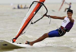 Kiran Badloe of The Netherlands points out why we should watch him. He surfs his way thru the competition  in the Techno 293-Boys Windsurfer after race six at at the Singapore 2010 Youth Olympic Games (YOG) on Aug 20, 2010 at the National Sailing Centre. Photo: SPH-SYOGOC/Imran Ahmad photo copyright ISAF  taken at  and featuring the  class