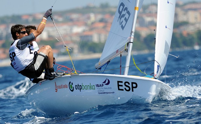 Jordi Xammar (ESP) defends his Boys 420 title with new crew Alex Claville. ISAF Youth Worlds 2011 © Sime Sokota/ISAF Youth Worlds
